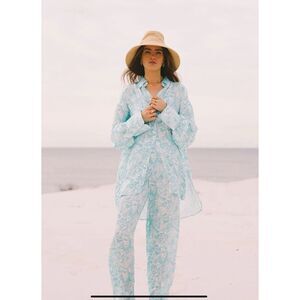 NWT Araminta James La Mer Silky Shirt Blue Collared‎ Long Sleeve Womens Medium